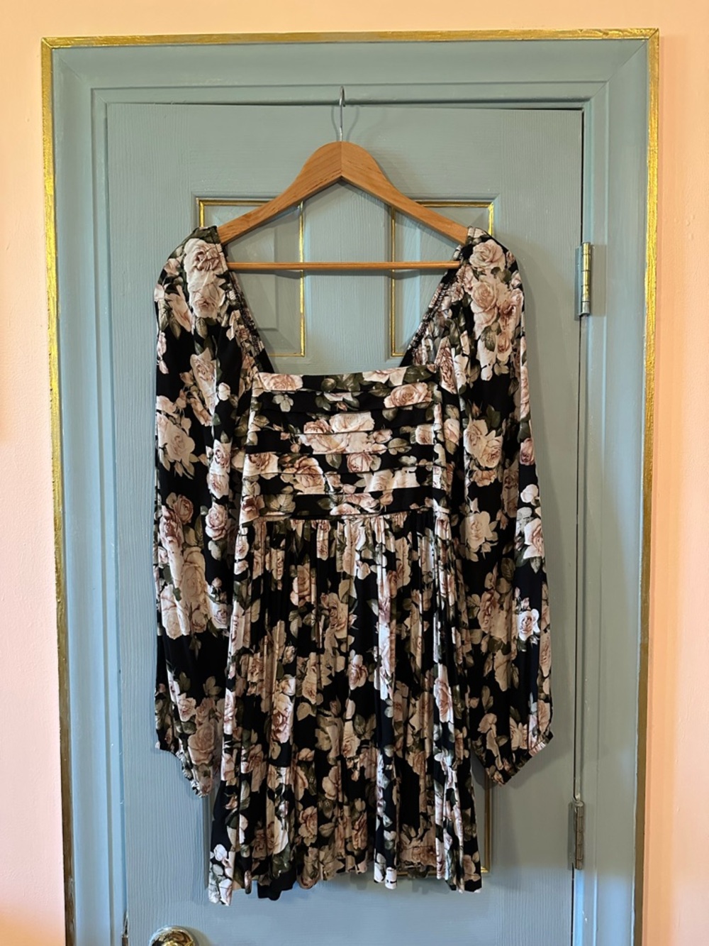 Altar'd State Black Floral Square-Neck Mini Dress with Blush Roses